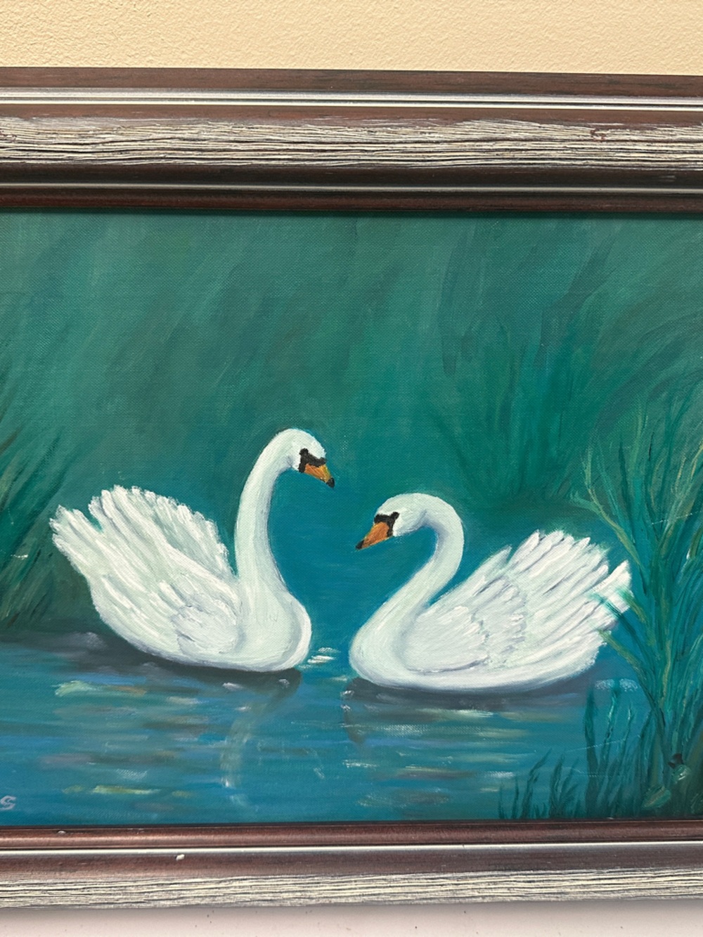 Vintage Framed artist signed swan art 17.5” x 15”